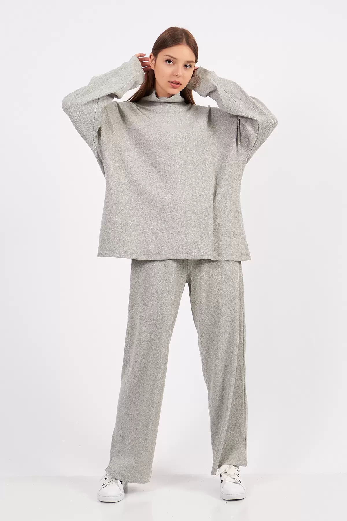 Gri Melanj Kadın Kaşkorse Bluz Pantolon Takım