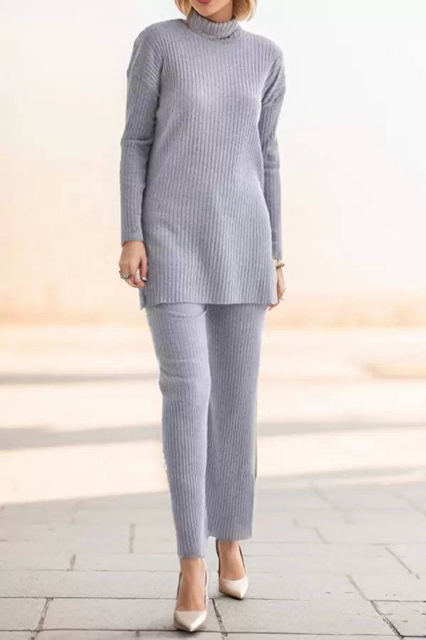 Gri Melanj Tunik Pantolon İkili Takım