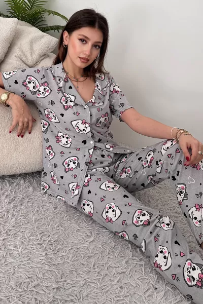 Gri Pamuklu Kadın Pijama Takımı