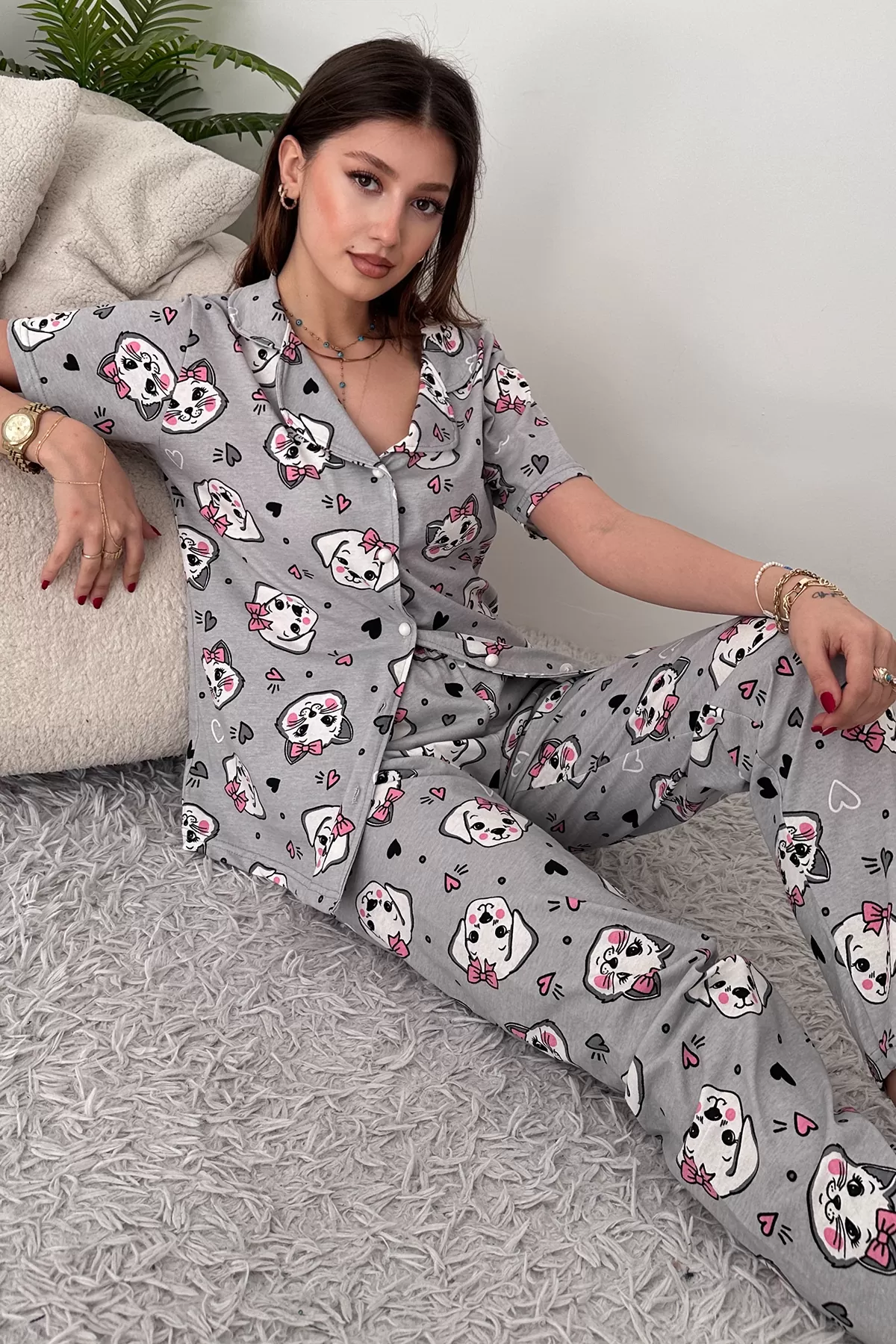 Gri Pamuklu Kadın Pijama Takımı