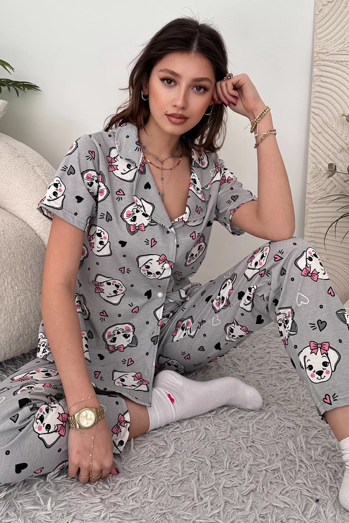 Gri Pamuklu Kadın Pijama Takımı