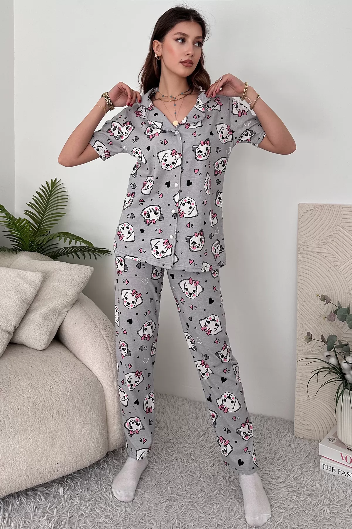 Gri Pamuklu Kadın Pijama Takımı