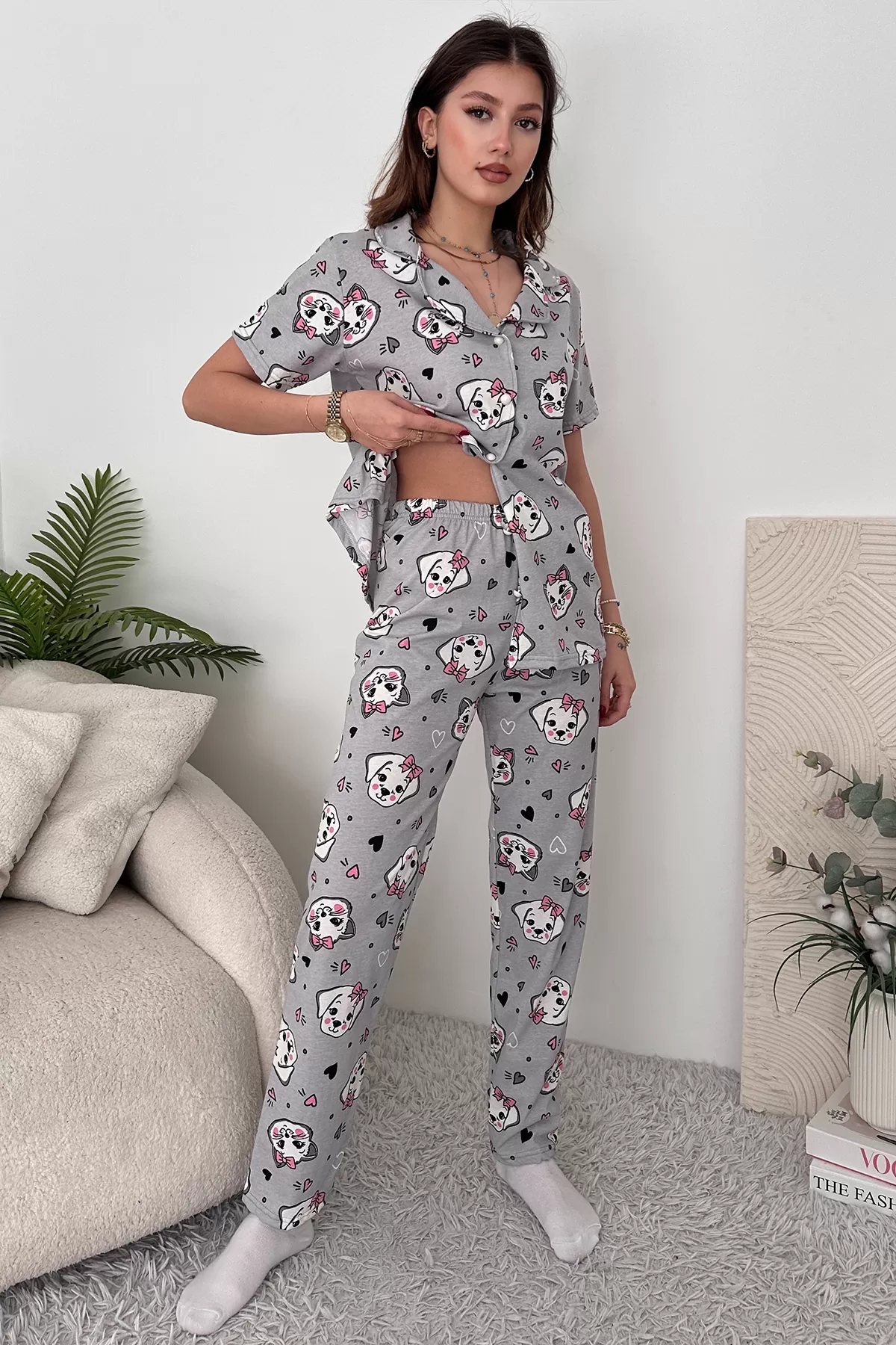 Gri Pamuklu Kadın Pijama Takımı