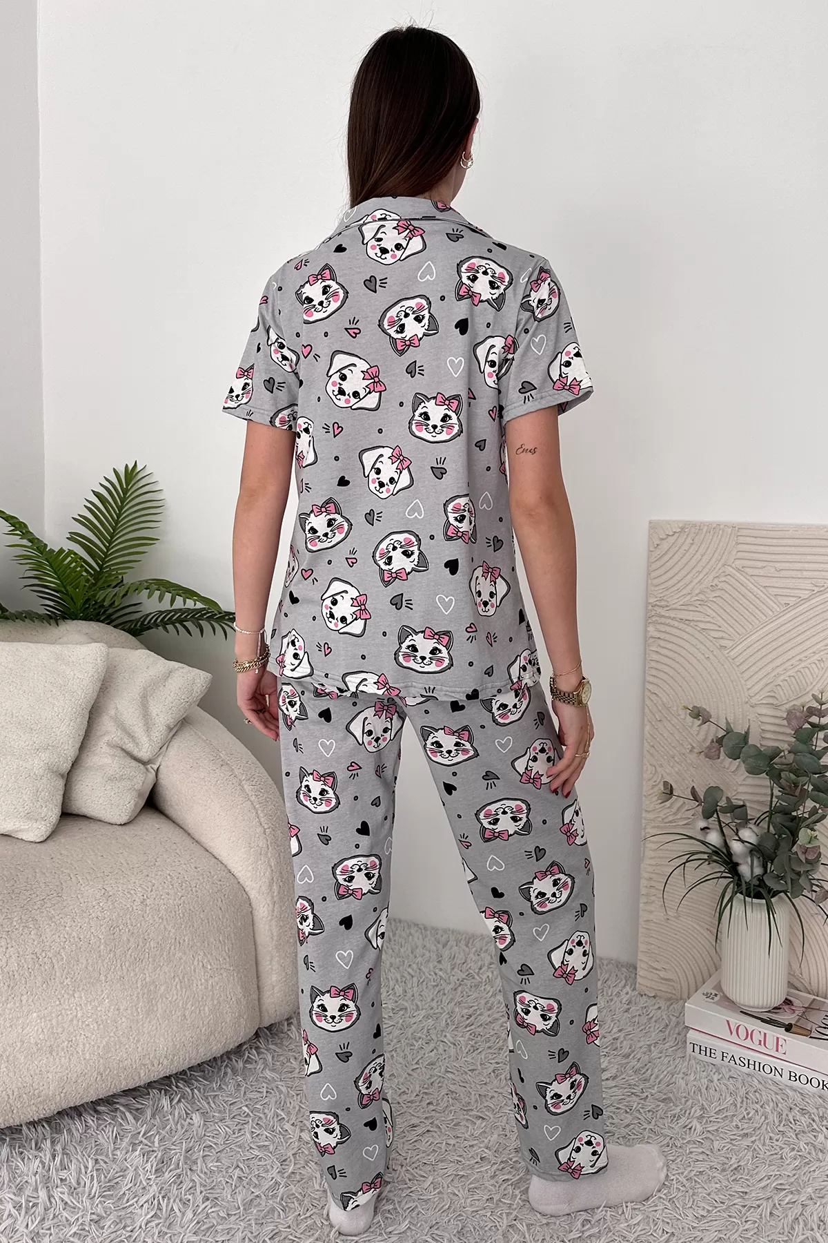 Gri Pamuklu Kadın Pijama Takımı