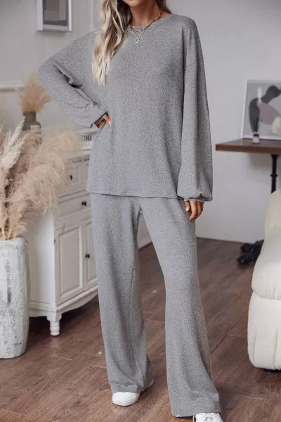 Gri Pamuklu Pantolon Bluz Kadın Alt Üst Takım