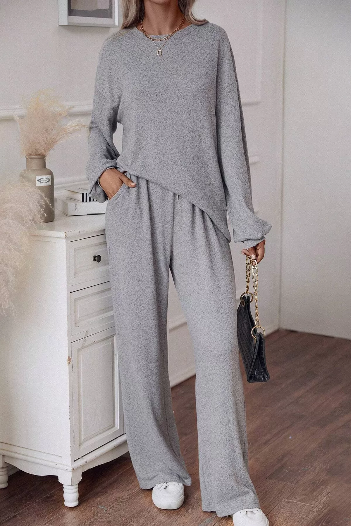 Gri Pamuklu Pantolon Bluz Kadın Alt Üst Takım