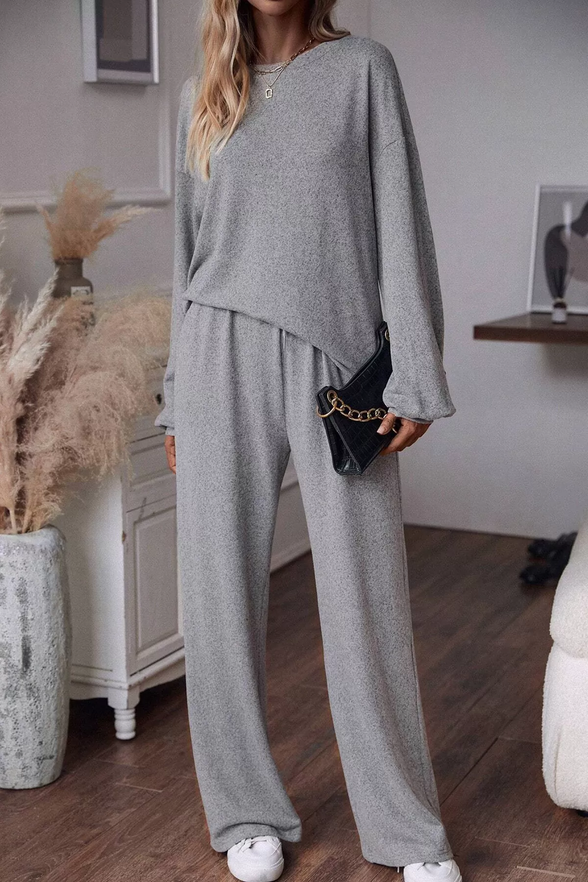 Gri Pamuklu Pantolon Bluz Kadın Alt Üst Takım