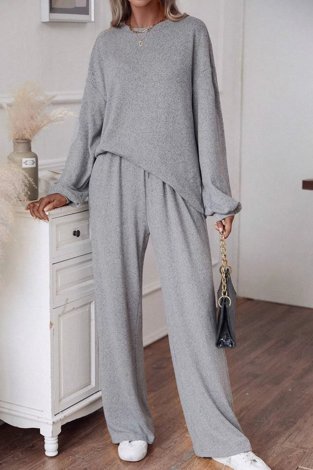 Gri Pamuklu Pantolon Bluz Kadın Alt Üst Takım