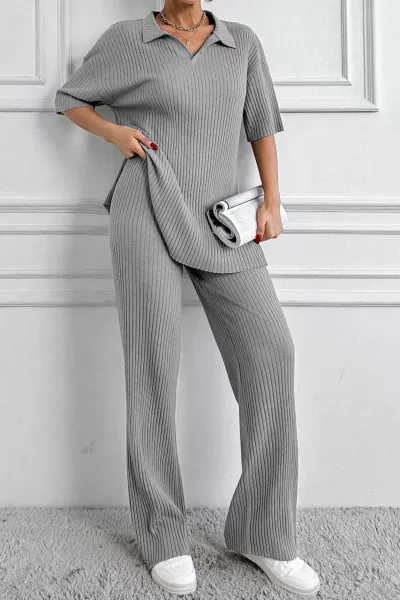 Gri Polo Yaka Kısa Kollu Kadın Alt Üst Takım