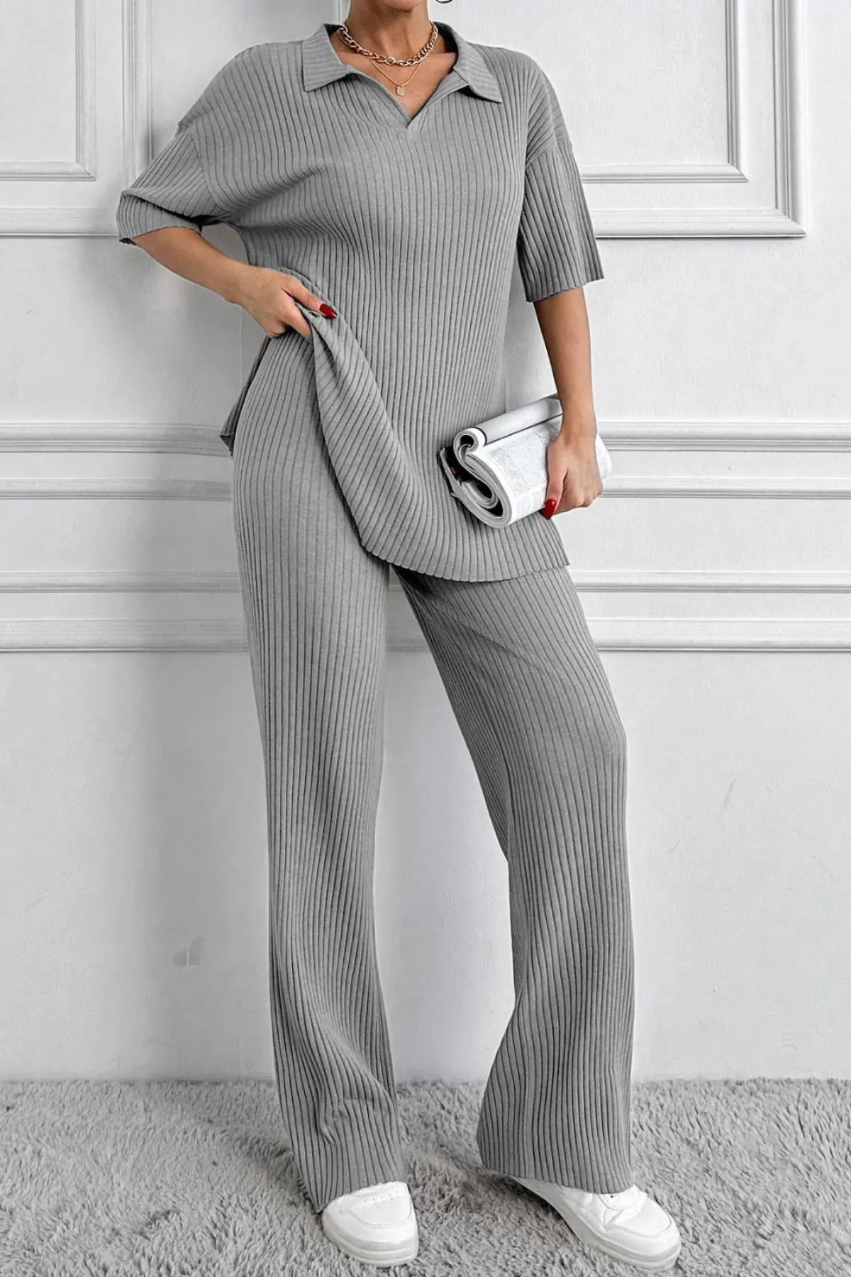 Gri Polo Yaka Kısa Kollu Kadın Alt Üst Takım