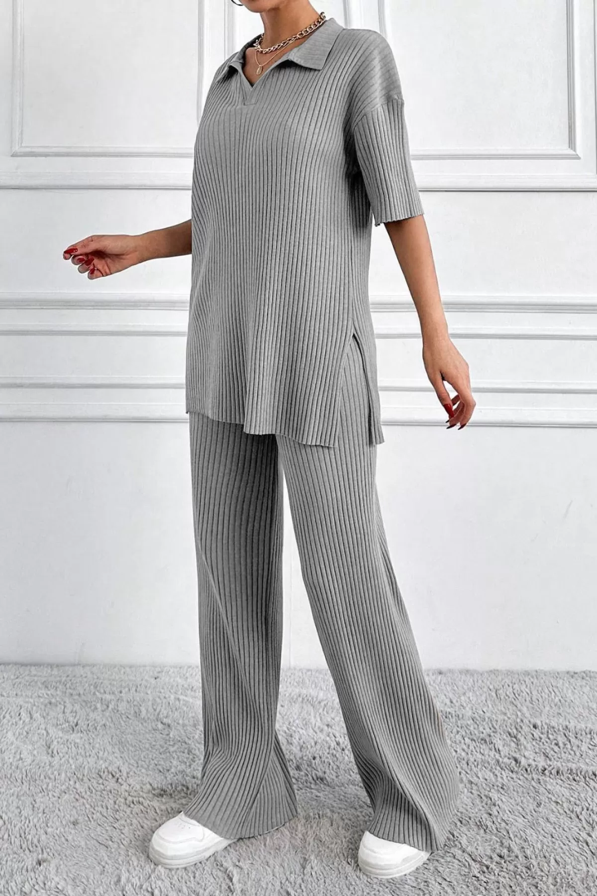 Gri Polo Yaka Kısa Kollu Kadın Alt Üst Takım