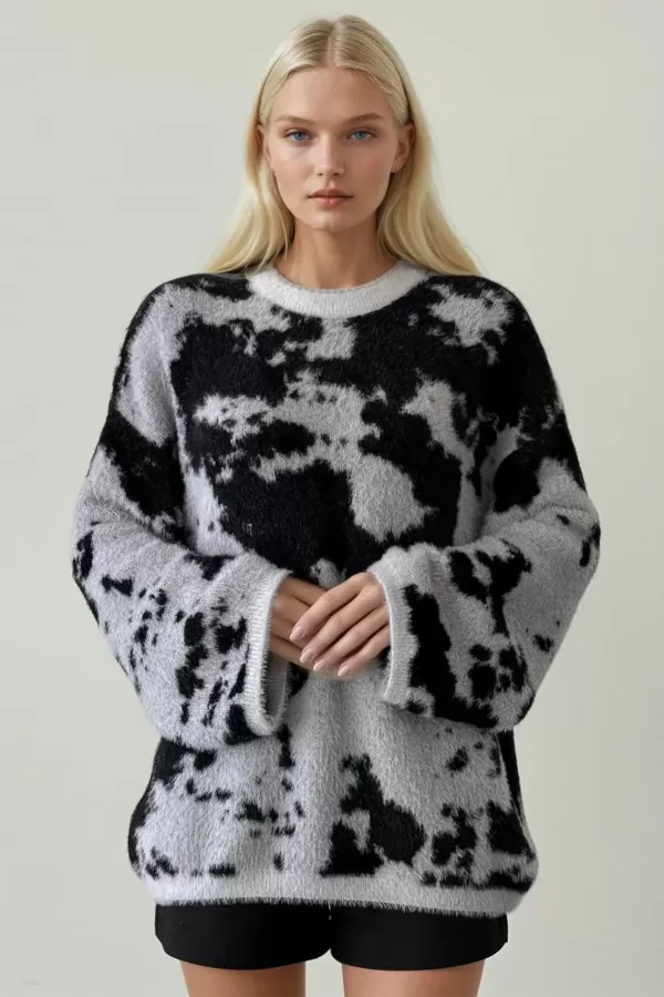 Gri Siyah Soyut Desenli Triko Kadın Kazak