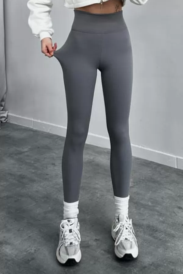 Gri Süper Yüksek Bel İçi Şardonlu Fitilli Tayt