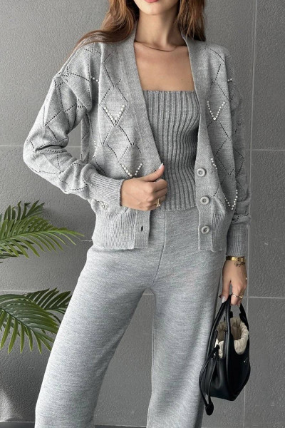 Gri Triko Pantolon Hırka Atlet Kadın Üçlü Takım