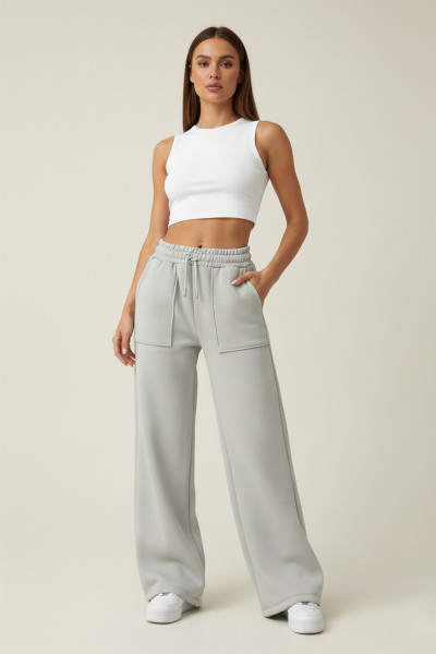 Gri Üç İplik Rahat Kesim Şardonlu Kadın Eşofman Altı