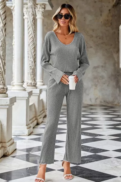 Gri V Yaka Bluz Pantolon Kadın Alt Üst Takım