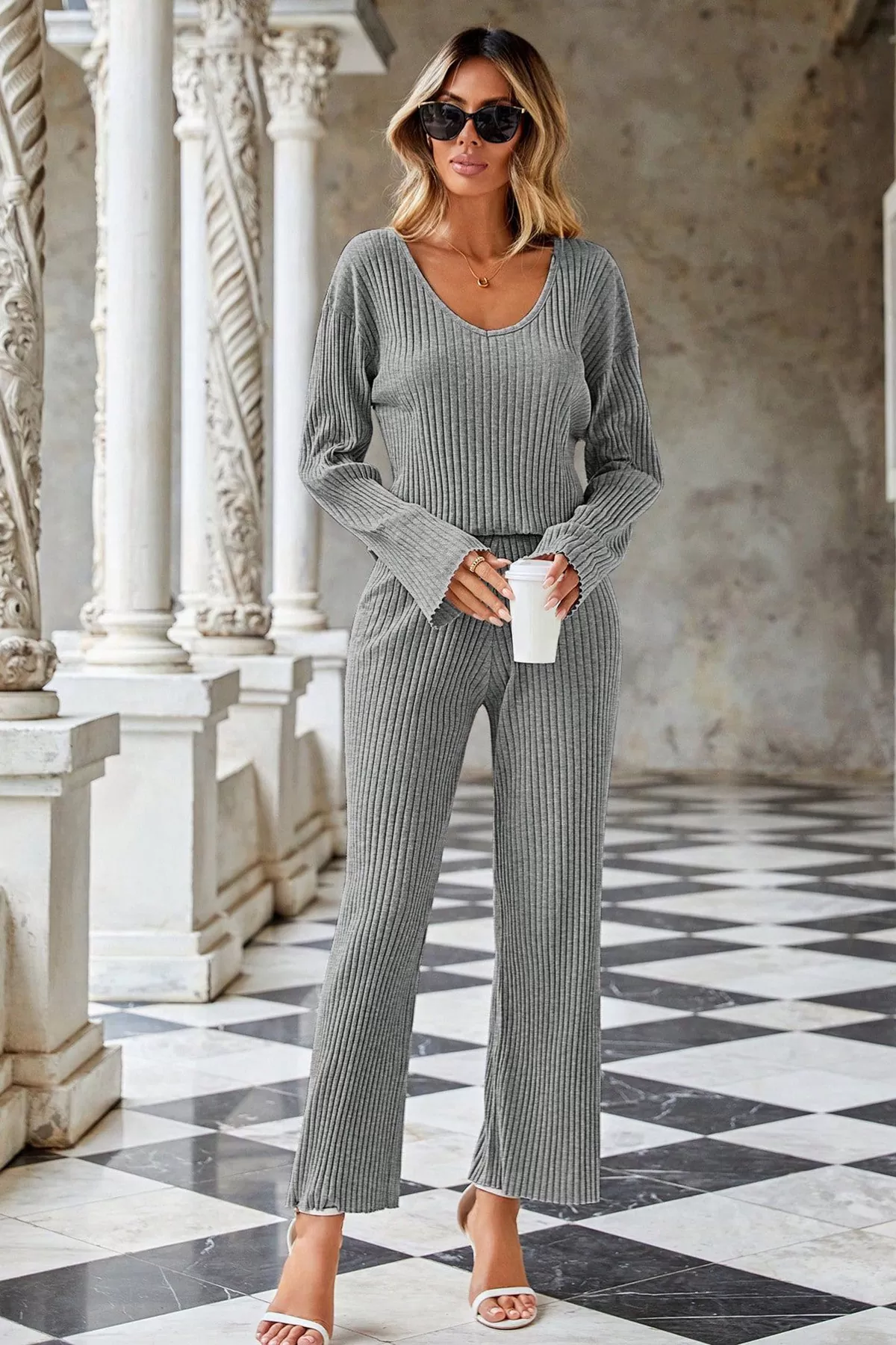 Gri V Yaka Bluz Pantolon Kadın Alt Üst Takım