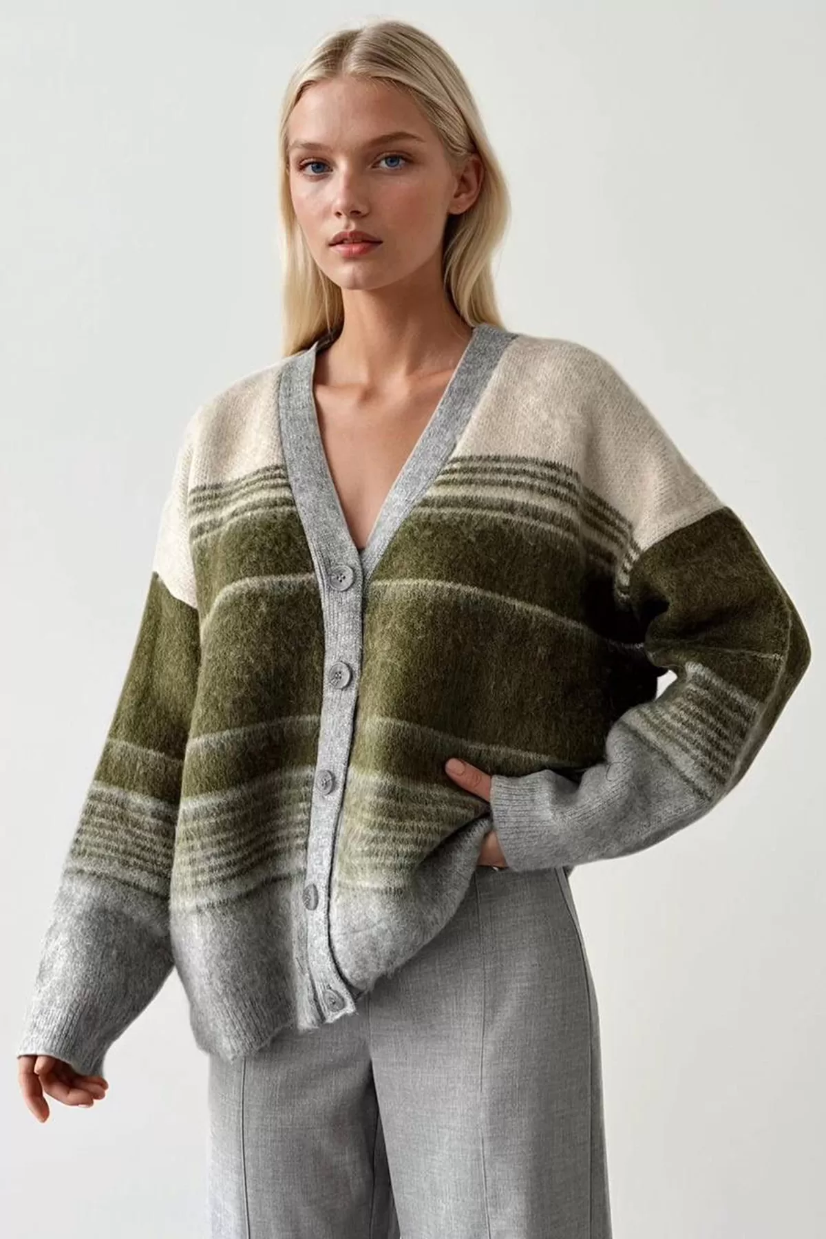 Gri Yeşil Triko Kadın Hırka