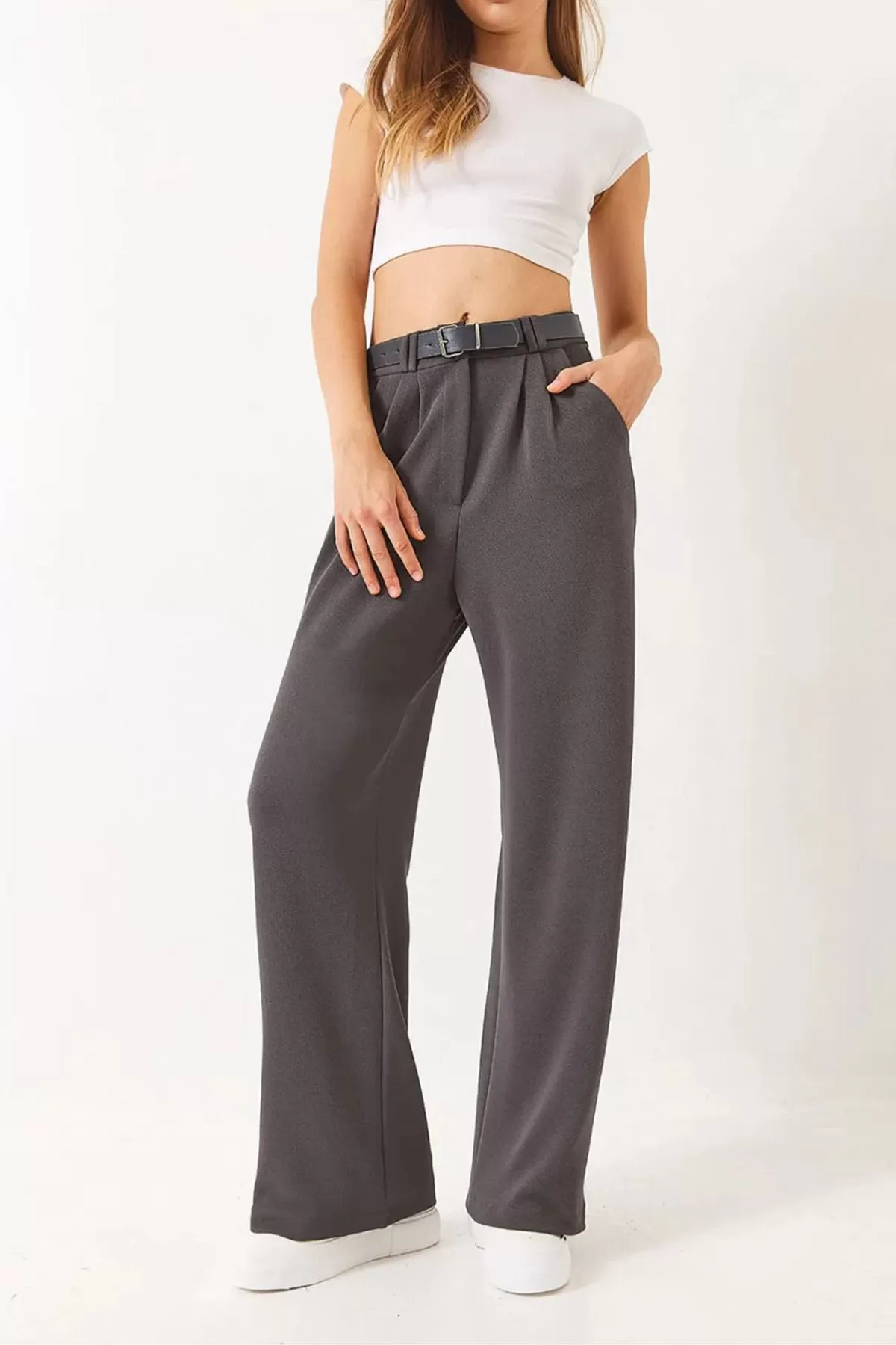 Gri Yüksek Bel Kadın Pantolon