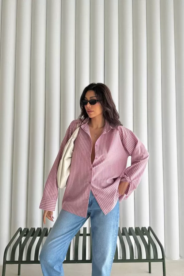 Gül Kurusu Beyaz Çizgili Oversize Poplin Kadın Gömlek