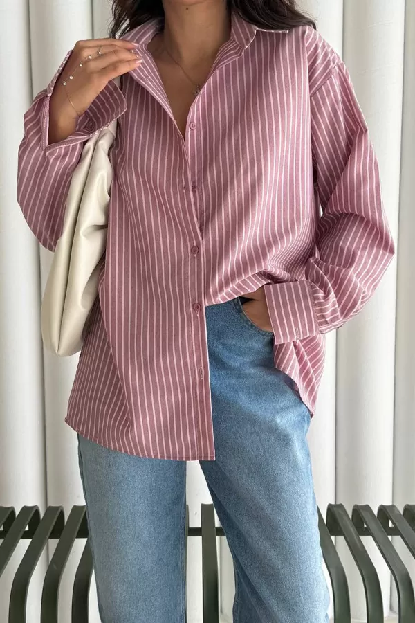 Gül Kurusu Beyaz Çizgili Oversize Poplin Kadın Gömlek