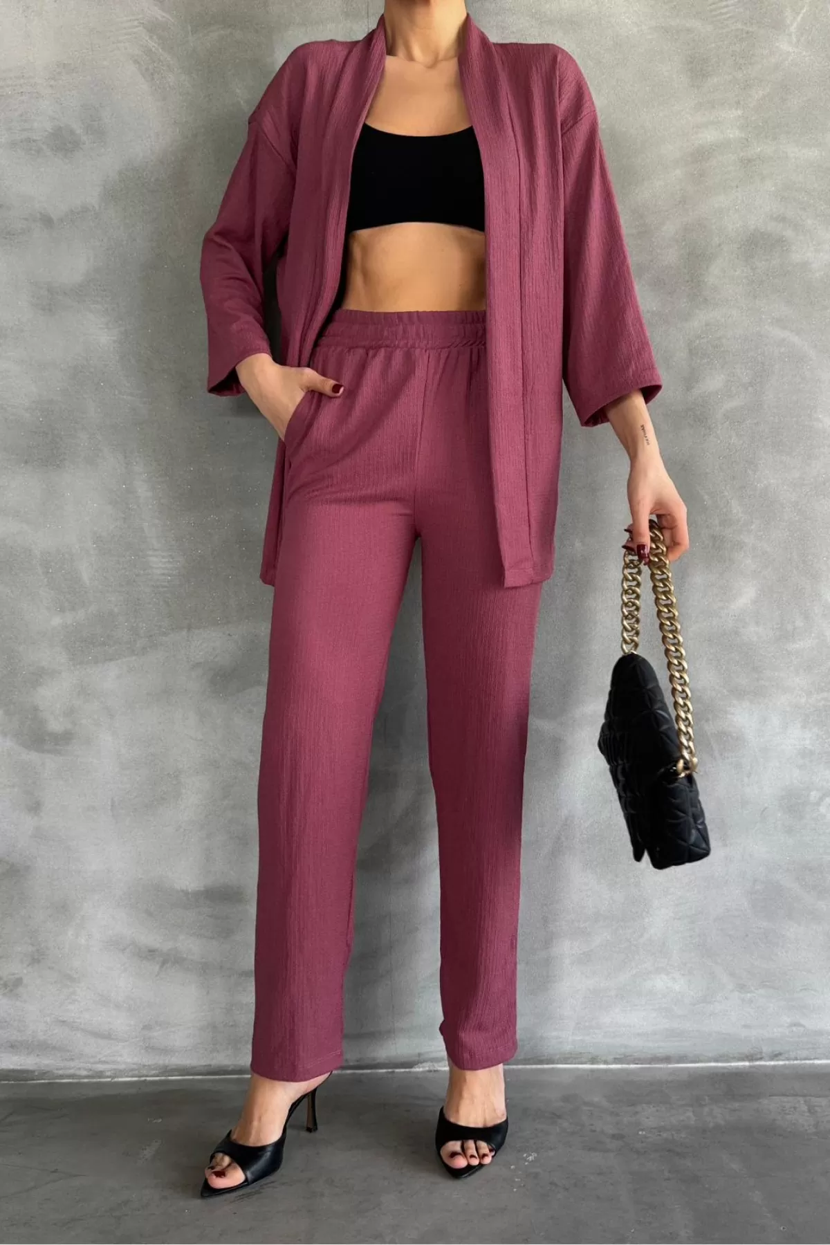 Gül Kurusu Bürümcük Kumaş Kadın Alt Üst Takım