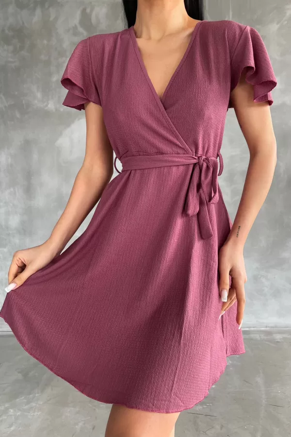 Gül Kurusu Bürümcük Kumaş Kruvaze Kısa Elbise