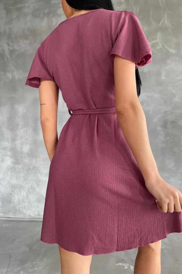 Gül Kurusu Bürümcük Kumaş Kruvaze Kısa Elbise