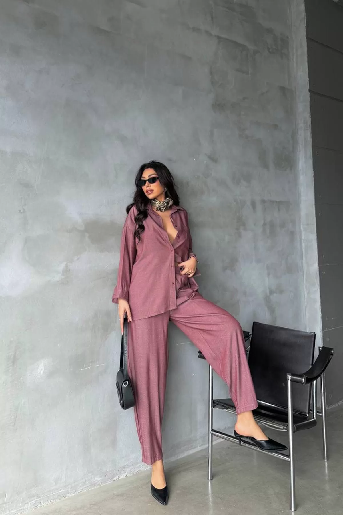 Gül Kurusu Keten Gömlek Pantolon Kadın Alt Üst Takım