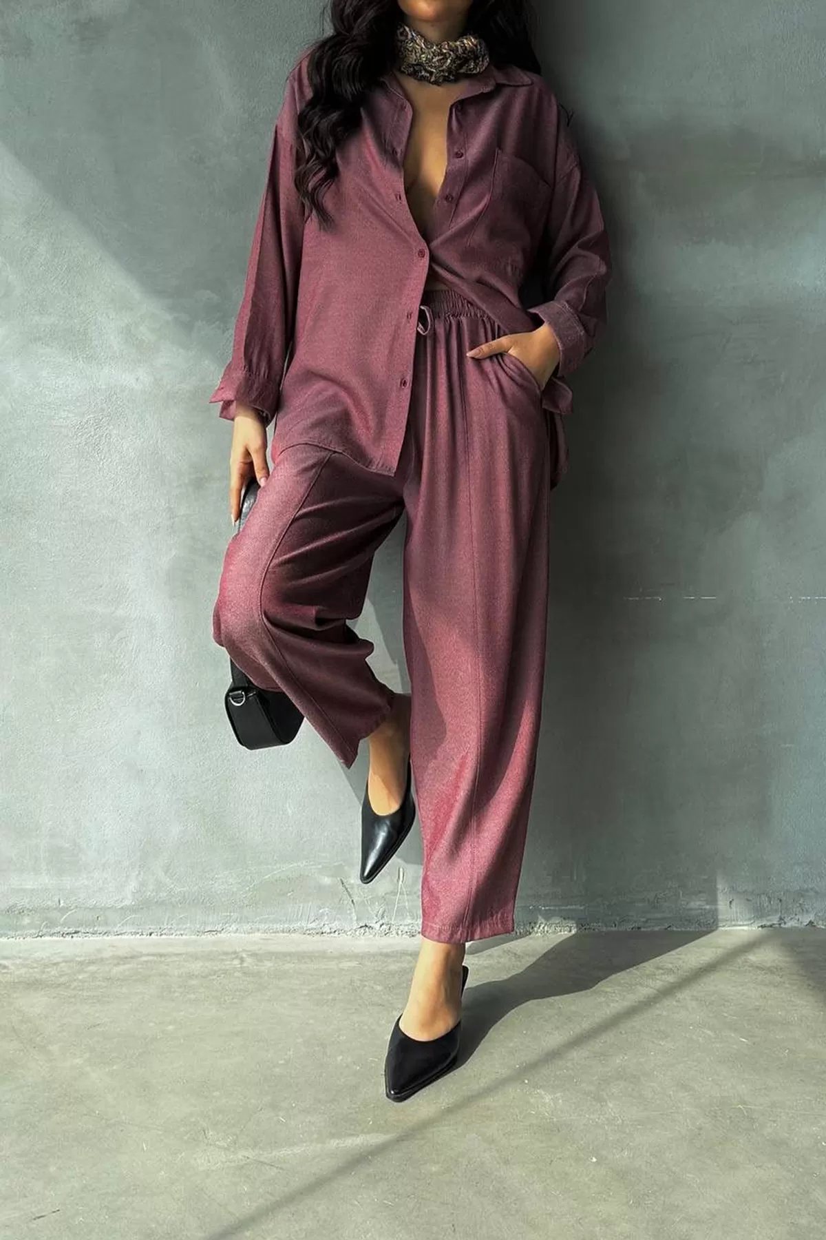 Gül Kurusu Keten Gömlek Pantolon Kadın Alt Üst Takım