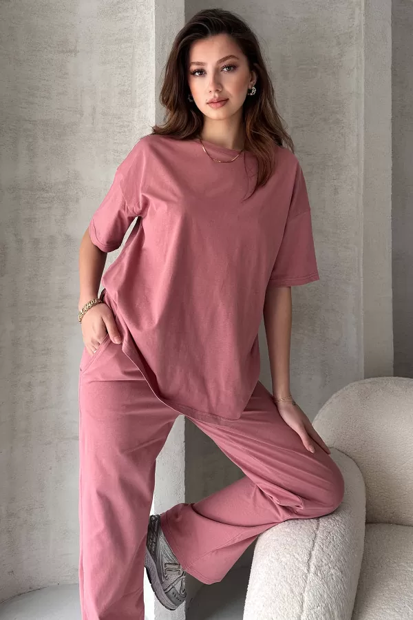 Gül Kurusu Pamuklu Oversize Tişört Pantolon Kadın İkili Takım