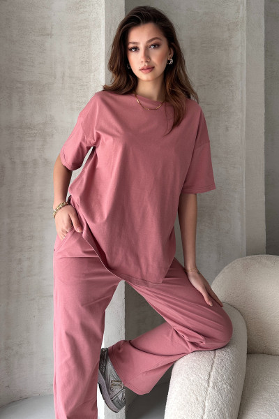 Gül Kurusu Pamuklu Oversize Tişört Pantolon Kadın İkili Takım