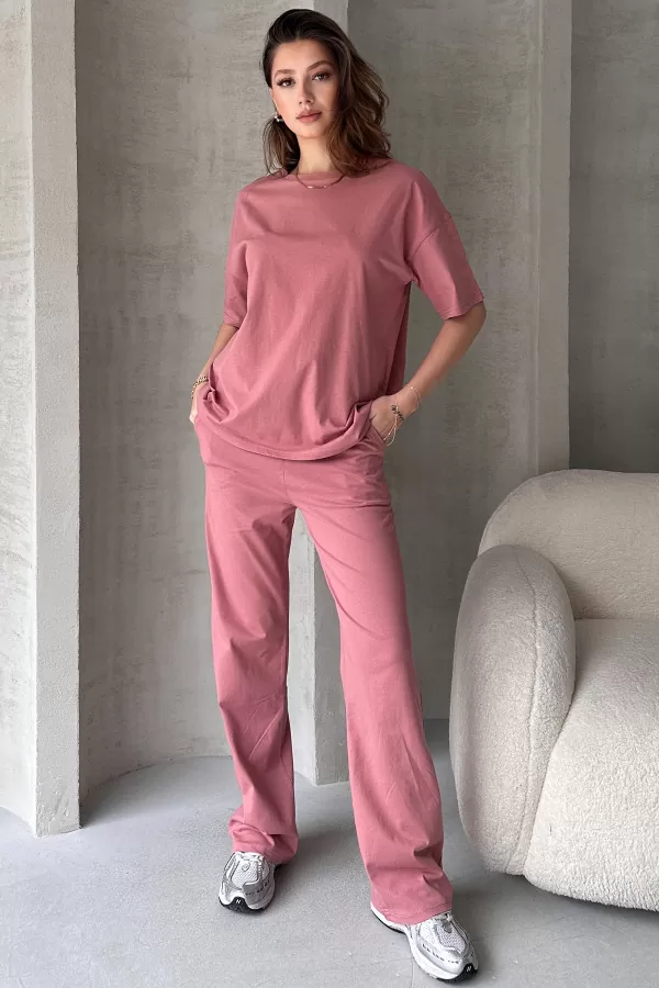 Gül Kurusu Pamuklu Oversize Tişört Pantolon Kadın İkili Takım