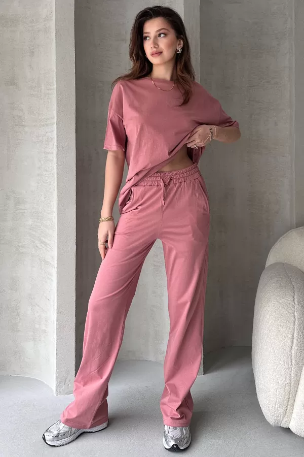 Gül Kurusu Pamuklu Oversize Tişört Pantolon Kadın İkili Takım