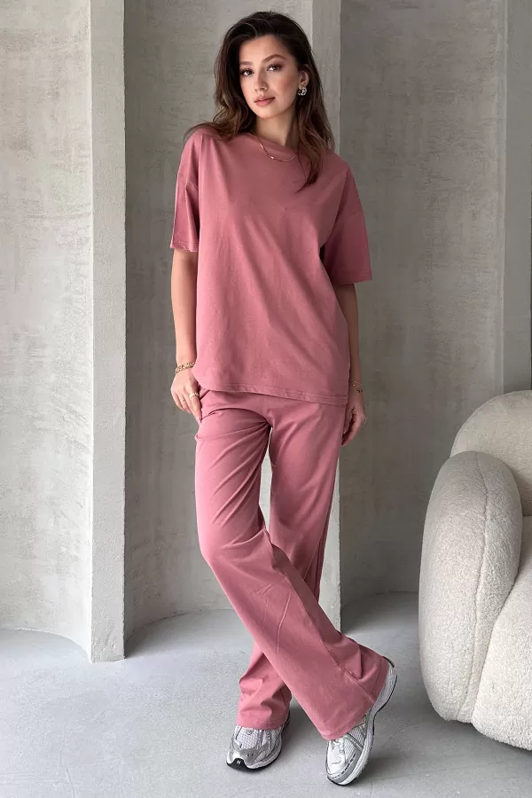 Gül Kurusu Pamuklu Oversize Tişört Pantolon Kadın İkili Takım