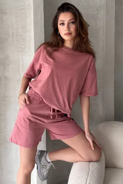 Gül Kurusu Pamuklu Oversize Tişört Şort Kadın İkili Takım