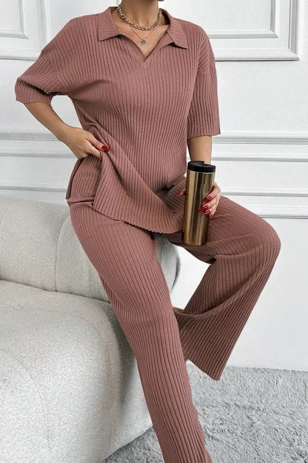 Gül Kurusu Polo Yaka Kısa Kollu Kadın Alt Üst Takım