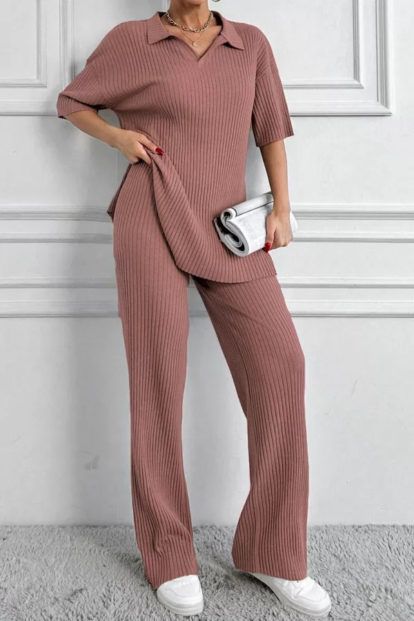 Gül Kurusu Polo Yaka Kısa Kollu Kadın Alt Üst Takım