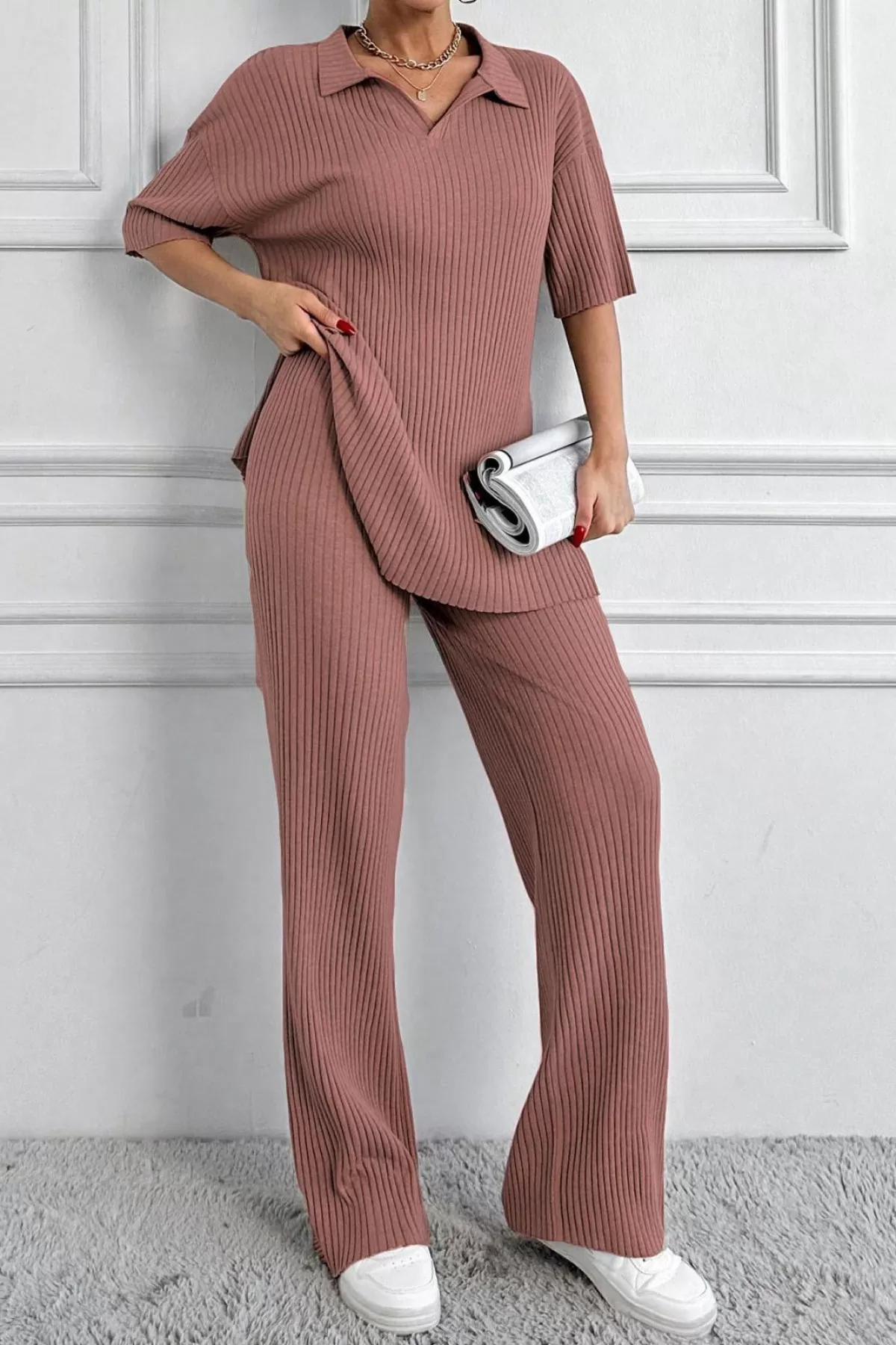 Gül Kurusu Polo Yaka Kısa Kollu Kadın Alt Üst Takım