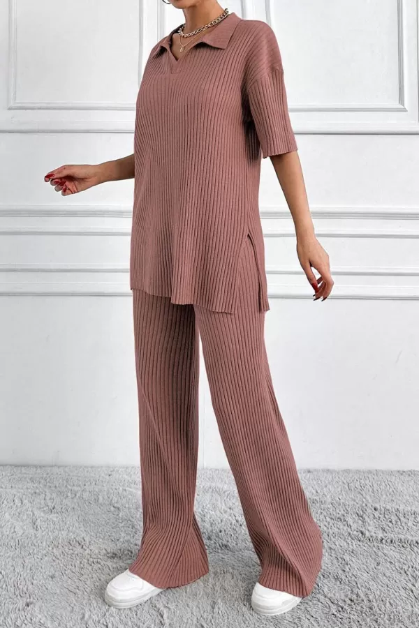 Gül Kurusu Polo Yaka Kısa Kollu Kadın Alt Üst Takım