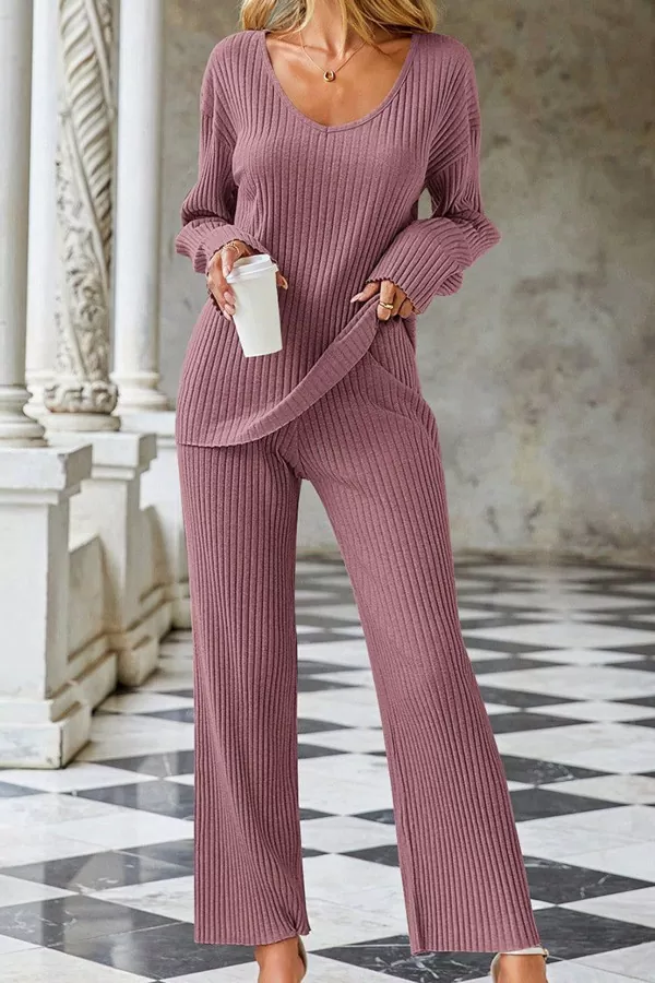 Gül Kurusu V Yaka Bluz Pantolon Kadın Alt Üst Takım