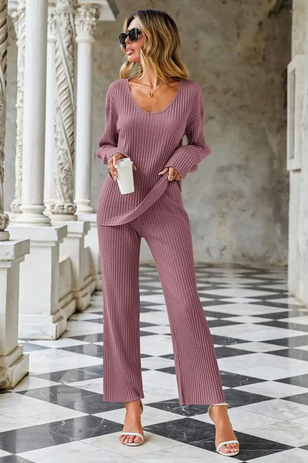 Gül Kurusu V Yaka Bluz Pantolon Kadın Alt Üst Takım