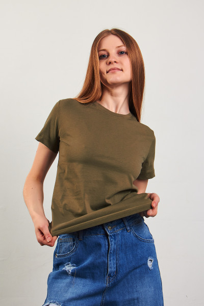 Haki Pamuklu Bisiklet Yaka Basic Kadın Tişört