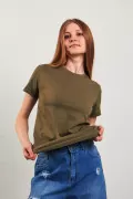 Bej Pamuklu Bisiklet Yaka Basic Kadın Tişört