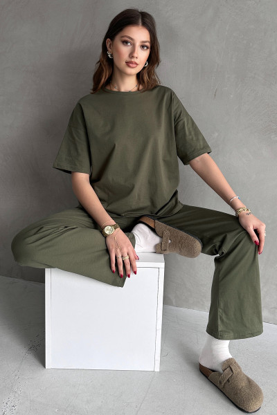 Haki Pamuklu Oversize Tişört Pantolon Kadın İkili Takım