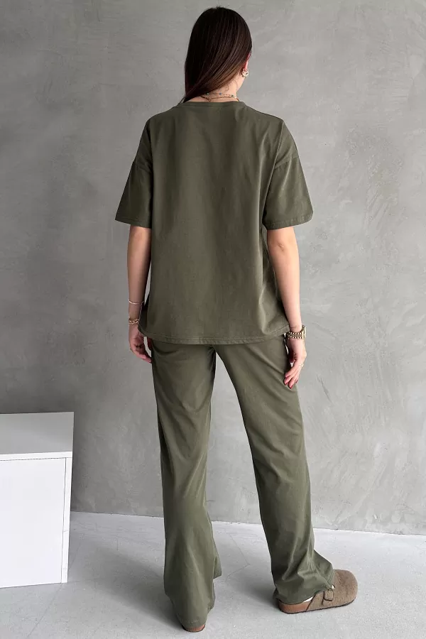 Haki Pamuklu Oversize Tişört Pantolon Kadın İkili Takım