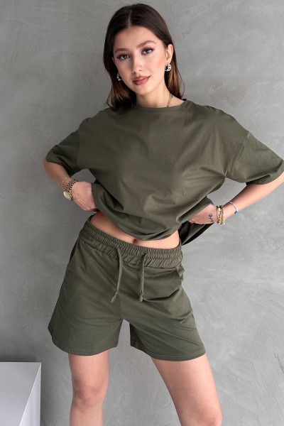 Haki Pamuklu Oversize Tişört Şort Kadın İkili Takım