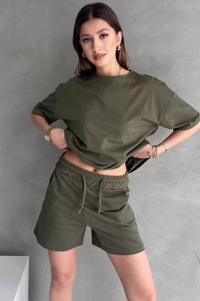 Haki Pamuklu Oversize Tişört Şort Kadın İkili Takım