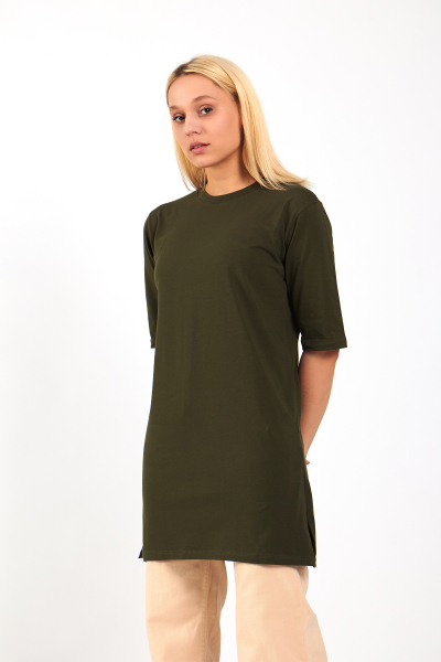 Haki Pamuklu Uzun Kadın Tişört