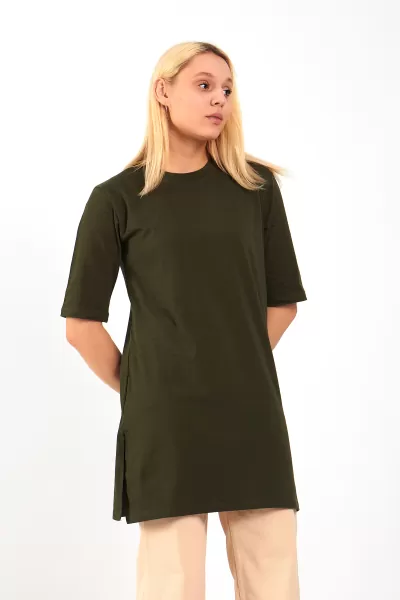 Haki Pamuklu Uzun Kadın Tişört